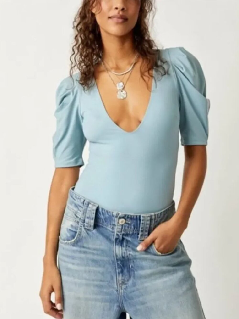 NWT Intimately Free People Va Va Voop Puff Sleeve Bodysuit Sky Blue MSRP $68
